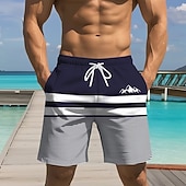 cheap Geometric Print-Men's Striped Mountain Swim Trunks Bathing Suits Swim Shorts Board Shorts Mid Waist Casual Casual Beach Vacation Wear Side Pockets Mesh Lining Elastic Drawstring Waist Designer Clothing Apparel