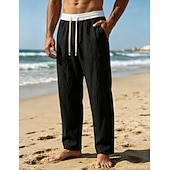 preiswerte Vakantie-Men's Linen Pants Trousers Summer Pants Beach Pants Drawstring Pocket Elastic Waist Color Block Comfort Breathable Knee Length Daily Outdoor Beach Vacation Fashion Black White Inelastic