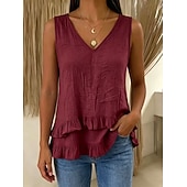tanie Zwykły zbiornik-Damskie Prana bawełna %100 Pamuk Z marszczeniami Falbana Jednokolorowe Równina Zabytkowe Elegancki Bez rękawów W serek Zwykłe topy Codzienny Khaki Błękit nieba Fuksja Zielony Lato