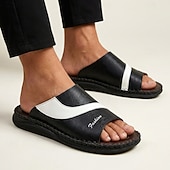 baratos Sandálias e Chinelos para Homem-Sandálias masculinas bicolor pretas e brancas, modelo slide, com bico aberto, costuradas à mão, confortáveis e casuais para o verão, ideais para uso diário, férias, em casa e momentos de lazer ao ar livre.