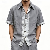 baratos Classic-Men's Shirt Linen Shirt Viking Style Summer Shirt Button Up Shirt Solid Color Casual Vacation Blue Black White Khaki Short Sleeve Turndown Summer Spring Clothing Apparel
