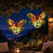 voordelige Pathway Lights &amp; Lanterns-Set van 2 hangende lantaarns op zonne-energie met vlindermotief, waterdichte metalen tuindecoratie met lichtslingers. &amp;Lente vleugels, groene vlinder solar lantaarns voor terras, tuin, veranda,