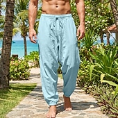 preiswerte Urlaub-Herren Leinenhosen Hose Sommerhose Baggy-Hosen Kordelzug Elastischer Bund Einfarbig Einfach Komfort Atmungsaktiv Volle Länge Täglich Outdoor Ferien Urlaub Mode Khaki Cachi scuro Unelastisch