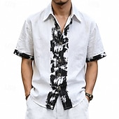 baratos Classic-Men's Shirt Linen Shirt Viking Style Summer Shirt Button Up Shirt Solid Color Casual Vacation Blue Black White Khaki Short Sleeve Turndown Summer Spring Clothing Apparel