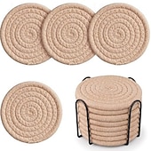 billiga Köksredskap och -apparater-8 st. bomullsvävda underlägg för drycker, absorberande underläggsset med hållare, värmebeständiga 210°F, 4,4 tums diameter, muggunderlägg för bordsskivor, soffbord, skrivbord, mjuka &amp;skyddande