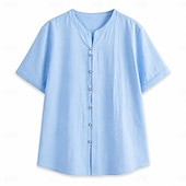 billige Street-Men's Summer Linen Shirt - Soft Breathable Short Sleeve - Blue