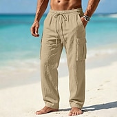 preiswerte Urlaub-Herren Cargo-Hosen Hose Sommerhose Strandhose Gaze-Hosen Kordelzug Elastischer Bund Mehrere Taschen Einfach Komfort Weich Volle Länge Täglich Outdoor Strand Urlaub Mode Khaki Schwarz Unelastisch