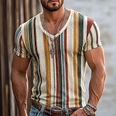 cheap Vacation Tropical T Shirts-Men's Color Block Stripes T Shirt Short Sleeve T shirt 3D Print V Neck Shirt Vacation Casual Daily Holiday Red Orange Brown Spring &amp; Summer Clothing Apparel S M L XL XXL XXXL