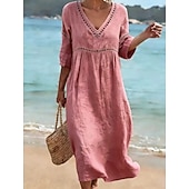 cheap Plain Dress-Women's Long Dress Maxi Dress Sundress Elegant Vacation Beach Holiday Loose Fit Solid Color Half Sleeve V Neck Light Blue Denim Blue turmeric off white Summer Spring