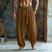 cheap Retro-Men's Linen Pants Trousers Summer Pants Baggy Pants Elastic Cuff Plain Comfort Comfortable Full Length Casual Daily Outdoor Vacation Vintage Army Green Red Inelastic