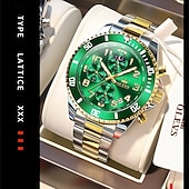 economico Orologi al quarzo-Orologio cronografo da uomo Olevs di lusso con quadrante verde, bicolore in acciaio inossidabile, fasi lunari, impermeabile, luminoso, analogico al quarzo, orologio da polso da uomo con quadrante