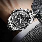 economico Orologi al quarzo-Orologio cronografo da uomo Olevs di lusso con quadrante verde, bicolore in acciaio inossidabile, fasi lunari, impermeabile, luminoso, analogico al quarzo, orologio da polso da uomo con quadrante
