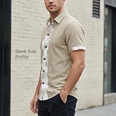 baratos Classic-Men's Shirt Linen Shirt Viking Style Summer Shirt Button Up Shirt Solid Color Casual Vacation Blue Black White Khaki Short Sleeve Turndown Summer Spring Clothing Apparel