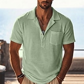 economico Polo Classico da Uomo-Per uomo Camicia di lino Polo Casuale Vacanza Colletto cubano Manica Corta Vacanza Moda Semplice Testurizzato Bottoni Puro Estate Primavera Vestibilità regolare Blu Nero Bianco Verde chiaro Verde