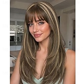 economico Parrucche trendy sintetiche-Parrucca bionda ombre con frangia per donna, parrucca liscia a strati di media lunghezza, naturale, ideale per feste e occasioni speciali.