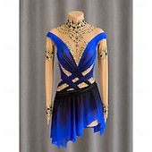preiswerte Eiskunstlaufkleider-Eiskunstlaufkleid Damen Eislaufen Kleid Dunkelblau Patchwork Daumenloch Dehnbar Training Wettbewerb Eiskunstlaufkleidung Klassisch Kristall / Strass Langarm Eislaufen Eiskundstlauf