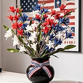  July 4th Patriotic Outdoor Decoration, 6pcs Red, White & Blue Artificial Flowers, Outdoor Faux Floral Arrangements for Independence Day, Memorial Day, Anniversary, Courtyard, Porch, Dining Table