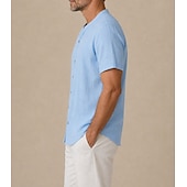 billige Street-Men's Summer Linen Shirt - Soft Breathable Short Sleeve - Blue