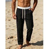 preiswerte Vakantie-Men's Linen Pants Trousers Summer Pants Beach Pants Drawstring Pocket Elastic Waist Color Block Comfort Breathable Knee Length Daily Outdoor Beach Vacation Fashion Black White Inelastic