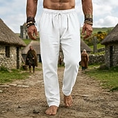 abordables Fondos-Medieval Renacimiento Pantalones Vikingo Tejido con 95% de mezcla de lino Plano Disfraz Hombre Víspera de Todos los Santos Carnaval Rendimiento LARP Feria Ren Adulto Pantalones