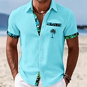 preiswerte Tropische Pflanzen-Herren Kokospalme Tropische Pflanzen Sommer Hawaiihemd Tropische Hemden Alohahemd Kurzarm Hawaiianisch Täglich Strandurlaub Sommer Umlegekragen 3D-Druck Eine Tasche vorne Hemden mit Knopfleiste Blau