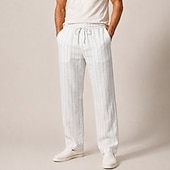 preiswerte Klassiker-Herren-Leinenhose mit Streifen, elastischem Bund und Kordelzug