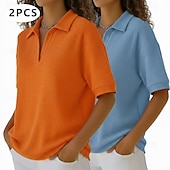 tanie gładka koszulka-Wielopak 2 szt. damskich koszulek z waflowym wzorem, koszulki polo, T-shirty, dzianinowe topy z waflowym wzorem, proste, modne, podstawowe, klasyczne, z krótkim rękawem, z kołnierzykiem, zwykłe topy, codzienne, plażowe, żółte i pomarańczowe