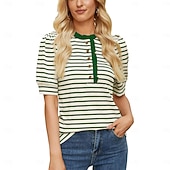 voordelige Effen t-shirt-Dames T-shirt Grafisch Gestreept Modieus Casual Korte mouw Overhemdkraag Lange tops Casual Dagelijks Weekend Zwart en Wit Groen en wit Zwarte abrikoos Xingka Zomer Lente