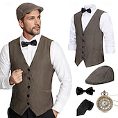 baratos Men's 1920s Costumes-Roaring 20s 1920s Retro Vintage Outfits Waistcoat Accesories Set Gentleman Gangster Fancy Dress Men's Halloween Carnival New Year Carnival Party / Evening Masquerade Adults' Cravat Vest Hat