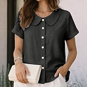 billige Enkle bluser-Dame Skjorte Sommerskjorte Uformell skjorte Skjorte med knapper Helfarge عادي Elegant Ferie Mote Kortermet Peter Pan krage Vanlige topper Gateklær Strand Ferie Blå Svart Hvit Rosa Rød Sommer Vår Høst