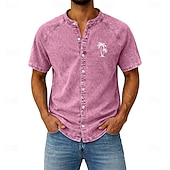 cheap Men's Smart Casual Shirts-Men's Shirt Casual Shirt Button Up Shirt Garment Dyed Acid Wash Shirt Light Green Pink khaki Gray Light Blue Short Sleeve Plain Grandad Collar Casual Daily Clothing Apparel Elegant Fashion Casual