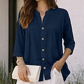billiga Enkla blusar-Dam Skjorta Casual skjorta Knapp upp skjorta Konstbomullslinne Rynkad Ensfärgat Slät Elegant Semester Mode Halvlång ärm Hög krage Långa toppar Streetwear Strand Helgdag Blå Svart Vit Rodnande Rosa