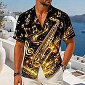 cheap Music and Guitars-Men's Music Musical Instrument Saxophone Shirt Button Up Shirt Camp Collar Shirt Short Sleeve Vintage Retro Music Festival Holiday Summer Spring Cuban Collar 3D Print Yellow Pink Orange Green