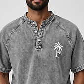 tanie Vintage i retro-Koszulka męska Softfade™ z nadrukiem drzewa kokosowego, denim, 100% bawełny, z krótkim rękawem, vintage, streetwear, casual, domowy, uliczny, letni, wiosenny, czarny, jasnozielony, jasnoniebieski, stand