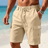 cheap Holiday-Men's Shorts Linen Shorts Summer Shorts Beach Shorts Drawstring Pocket Elastic Waist Color Block Solid Comfort Breathable Short Casual Daily Beach Vacation Fashion Blue Khaki Inelastic