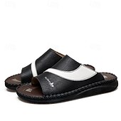 baratos Sandálias e Chinelos para Homem-Sandálias masculinas bicolor pretas e brancas, modelo slide, com bico aberto, costuradas à mão, confortáveis e casuais para o verão, ideais para uso diário, férias, em casa e momentos de lazer ao ar livre.