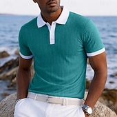 billige Men's Classic Polo-Men's Textured Golf Shirt Casual Work Ribbed Polo Collar Classic Short Sleeve Basic Modern Color Block Color Block Spring &amp; Summer Summer Regular Fit Blue White Yellow Green Gray Textured