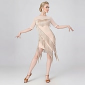 abordables Practice Dresses-Women's Black Latin Dance Dress - Professional Mesh Sleeve Ballroom Performance Outfit - Asymmetrical Fringe Tassel Dress