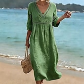 cheap Plain Dress-Women's Long Dress Maxi Dress Sundress Elegant Vacation Beach Holiday Loose Fit Solid Color Half Sleeve V Neck Light Blue Denim Blue turmeric off white Summer Spring
