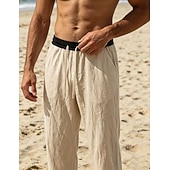 preiswerte Vakantie-Men's Linen Pants Trousers Summer Pants Beach Pants Drawstring Pocket Elastic Waist Color Block Comfort Breathable Knee Length Daily Outdoor Beach Vacation Fashion Black White Inelastic