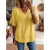  Per donna Blusa Volant Tinta unica Moda Quotidiano Elegante Manica Corta Scollo a V Top Regolari Casuale Quotidiano Blu Bianco Giallo Rosa Estate Primavera