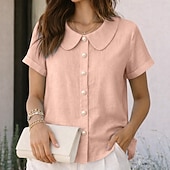 billige Enkle bluser-Dame Skjorte Sommerskjorte Uformell skjorte Skjorte med knapper Helfarge عادي Elegant Ferie Mote Kortermet Peter Pan krage Vanlige topper Gateklær Strand Ferie Blå Svart Hvit Rosa Rød Sommer Vår Høst