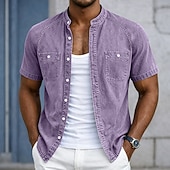 abordables Chemises décontractées intelligentes pour hommes-Chemise Homme SoftFade™ Chemise Décontractée Chemise Décolorée Teinte Vêtements 100% Coton Chemise Délavée Bleue Noire Rose Violet Verte Manches Courtes Col Grandad Uni Quotidien Patchwork