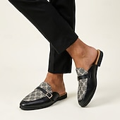cheap Men's Clogs &amp; Mules-Men's Black and Gray Pattern Mule Loafers Double Monk Strap Slip-On Dress Shoes Fashion Statement Footwear for Stylish Men, Banquets, Parties, Prom and Night Out Wear