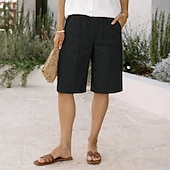 cheap Pants-Women's Cotton Linen Shorts Bermuda Shorts Shorts Baggy Shorts Vacation Vintage Fashion Knee Length Low Waist Solid Color Plain Pocket Elastic Waistband Comfort Soft Breathable Inelastic Streetwear