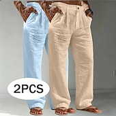 voordelige Klassiek-Voor heren Linnen broek Broek Zomerbroek Wijde broek Strandbroeken Zak Effen Comfort Ademend Volledige lengte Casual Dagelijks Buiten Vakantie Modieus Wit + kaki Bruin + Zwart Inelastisch
