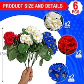  6 Pcs Artificial Geranium Flowers for Outdoors Geranium Silk Flowers Outdoor UV Resistant Plants Faux Patriotic Flowers for 4th of July Home Kitchen Table Centerpieces Decor (6, RedWhiteBlue)