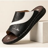 baratos Sandálias e Chinelos para Homem-Sandálias masculinas bicolor pretas e brancas, modelo slide, com bico aberto, costuradas à mão, confortáveis e casuais para o verão, ideais para uso diário, férias, em casa e momentos de lazer ao ar livre.