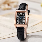 abordables Montres à quartz-Montre Tank vintage pour femme, boîtier rectangulaire en or rose, cadran rétro à chiffres romains avec aiguilles bleues, bracelet en cuir noir, petite montre à quartz pour femme, montre habillée ou