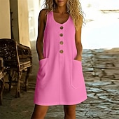  Women's Vintage Holiday 100% Cotton Knee Length Dress  Regular Fit Plain Sleeveless U Neck off white Black White Pink Spring